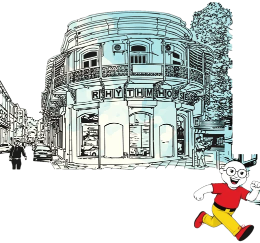 Illustration of Rhythm House in Kala Ghoda, Mumbai, with Joy the mascot running past