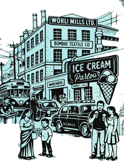 Illustration of Worli Mills, a tram and an ice cream parlour sign, with a family
