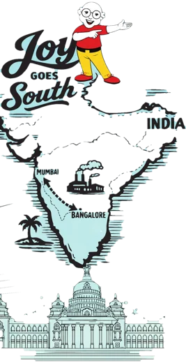 Illustration map of India from Mumbai to Bangalore with the words Joy goes South