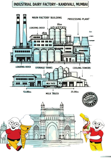Illustration of the industrial dairy factory at Kandivali, Mumbai, with the Gateway of India