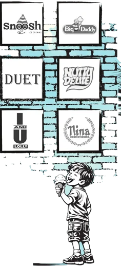Illustration of a brick wall of ice cream brand logos with a boy enjoying an ice cream