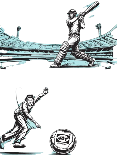 Illustration of a cricket batsman, a bowler and a JOY cricket ball for the Joy Cup