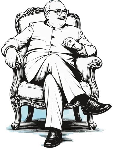 Illustration of the late Shri L.C. Java, founder of JOY, seated in an armchair