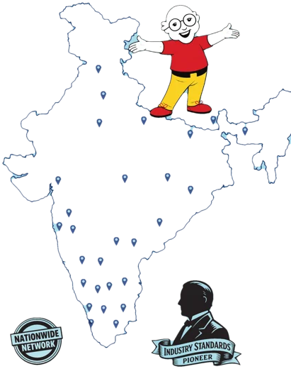 Illustration map of India with franchise locations pinned and the Joy mascot