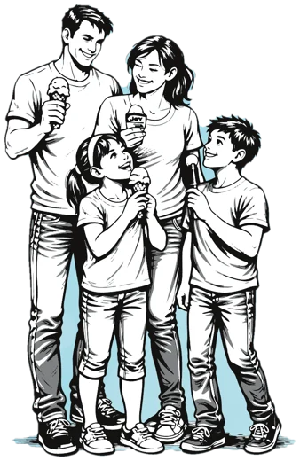 Illustration of a family of four enjoying ice cream together