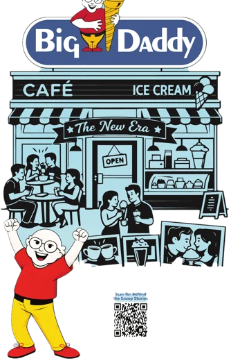 Illustration of the BigDaddy Cafe and Ice Cream storefront, The New Era, with Joy cheering